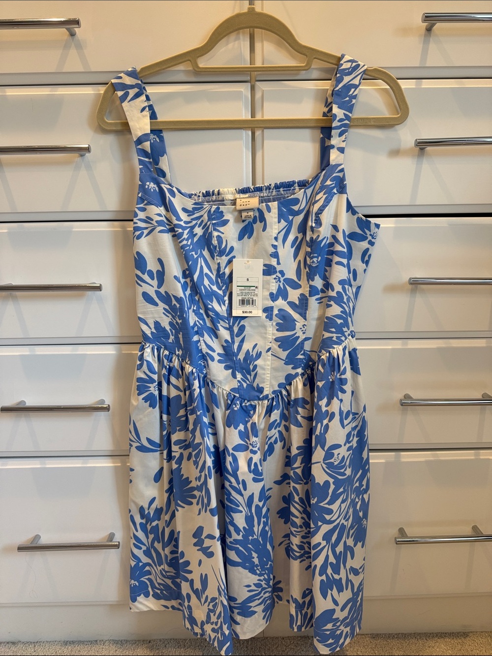 a new day White  Dress with Blue Floral Print womans size small